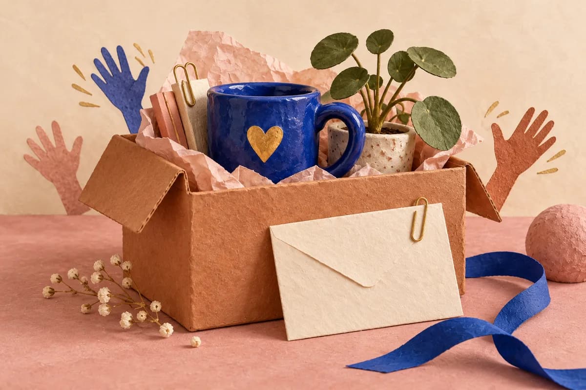 A blue mug and a desk plant in a moving box beside a farewell envelope and paper hands waving.