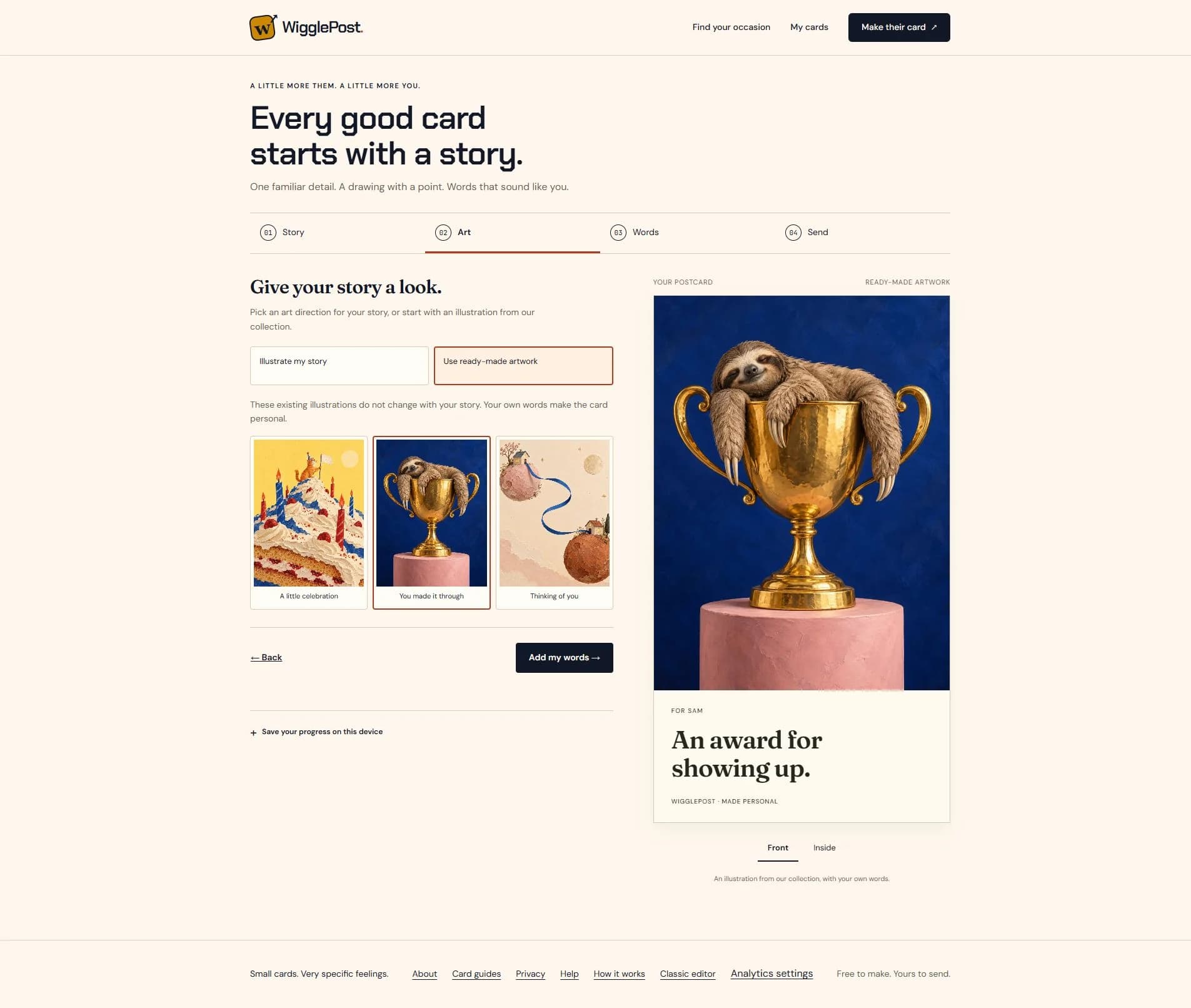 Art step with Use ready-made artwork selected and the existing sloth trophy illustration in the preview