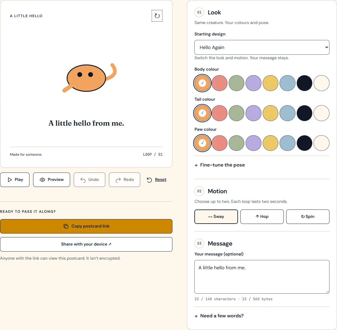 The postcard editor with Look, Motion, and Message controls beside the character preview