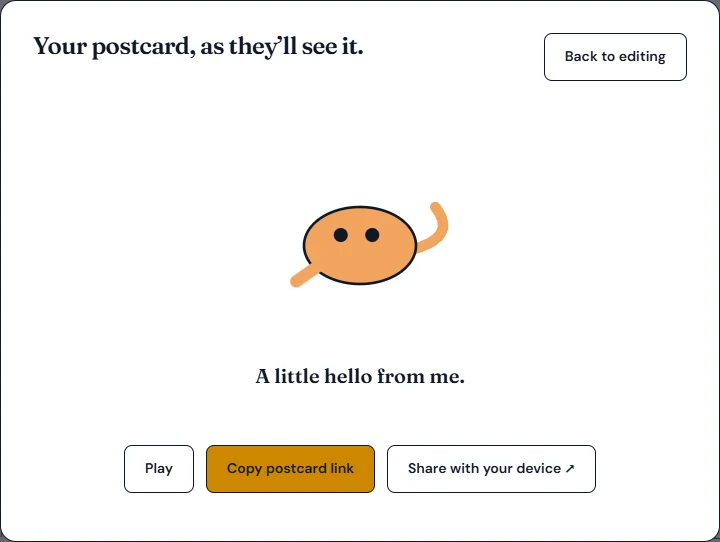 Postcard preview showing the animated character, greeting, and link sharing action