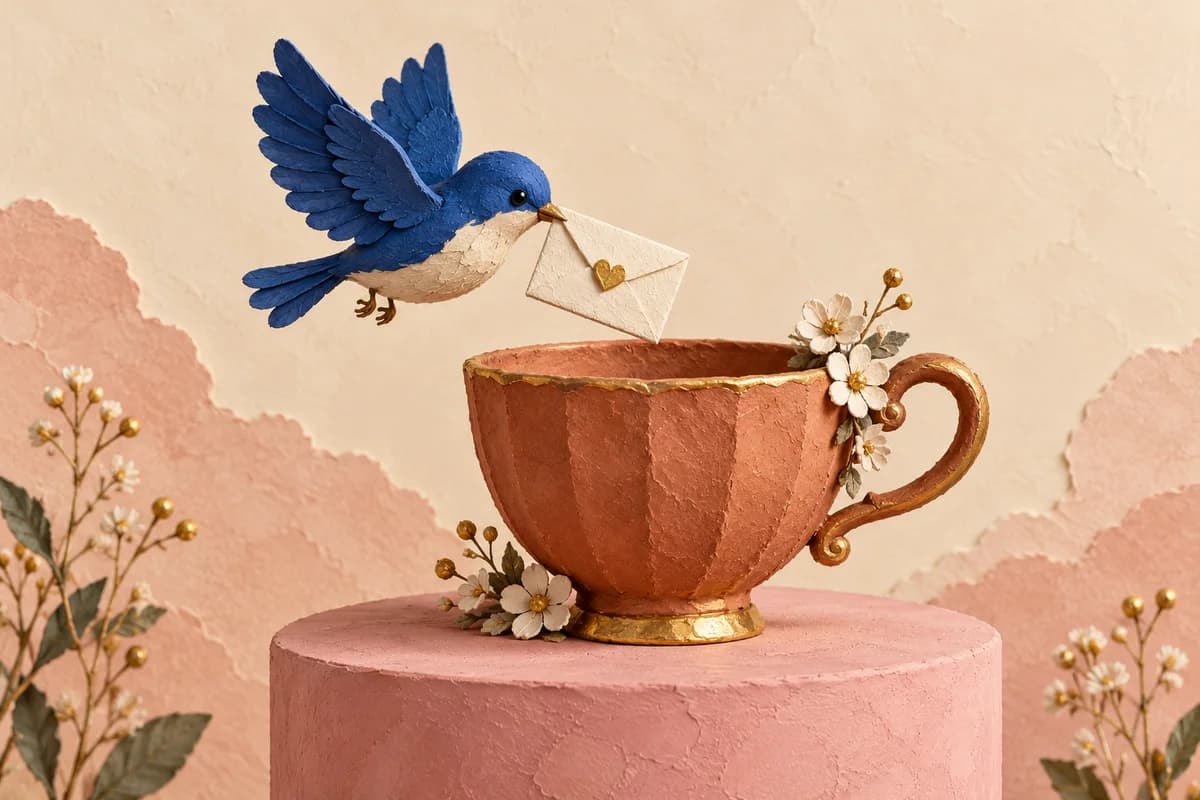 A blue paper bird carrying a cream envelope toward a terracotta teacup.