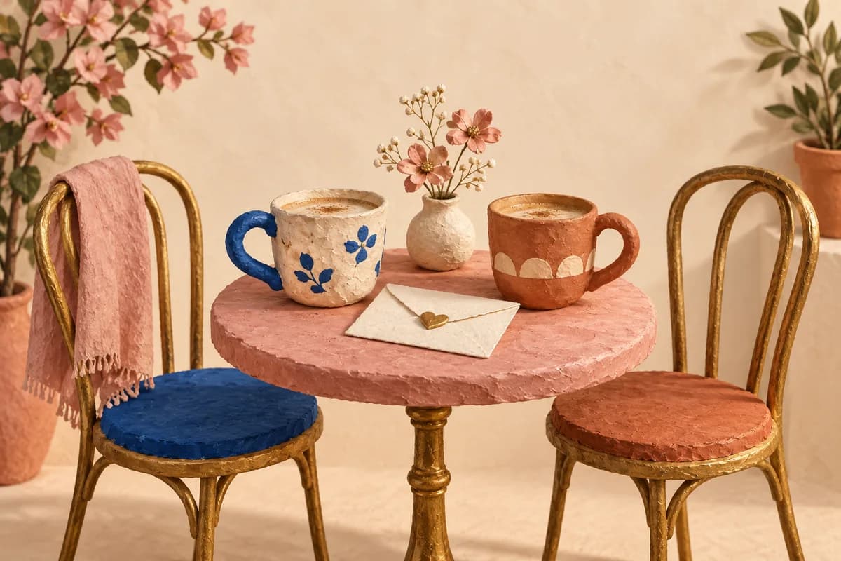 Two handmade coffee cups and a small envelope on a pink café table between two chairs.