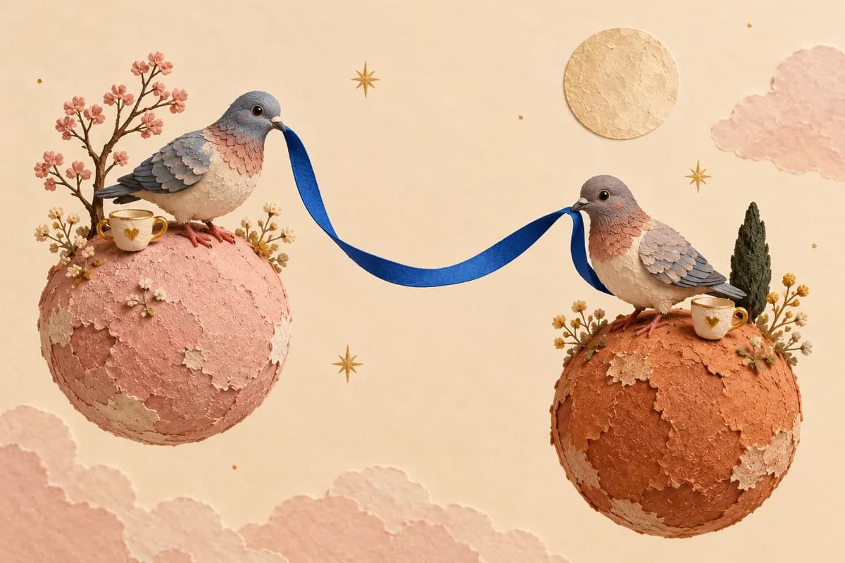 Two paper pigeons on separate miniature planets connected by a blue ribbon.