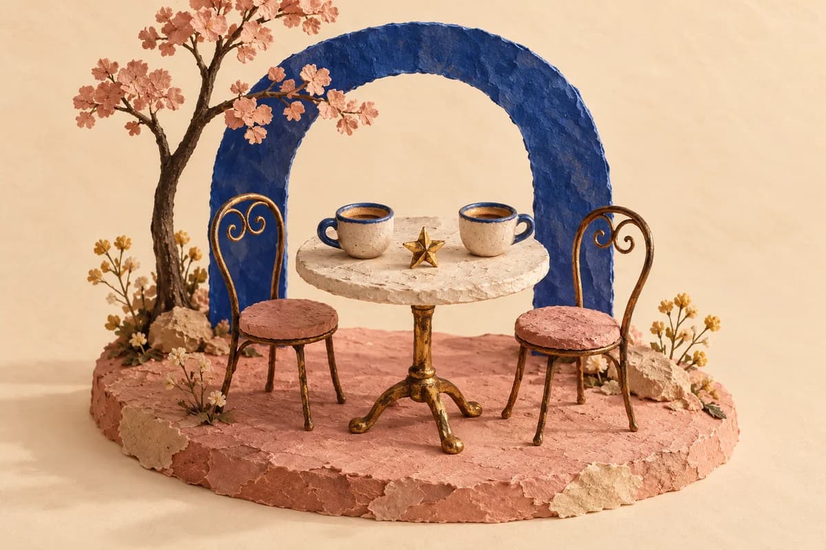 Two coffee cups and a gold star on a tiny café table beneath a blue arch.