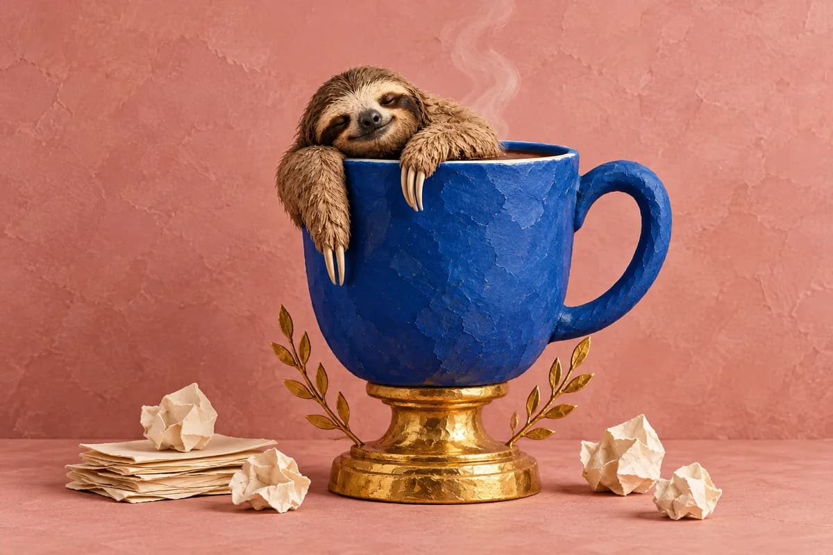 A sleepy sloth resting in an oversized blue coffee mug on a gold trophy base.