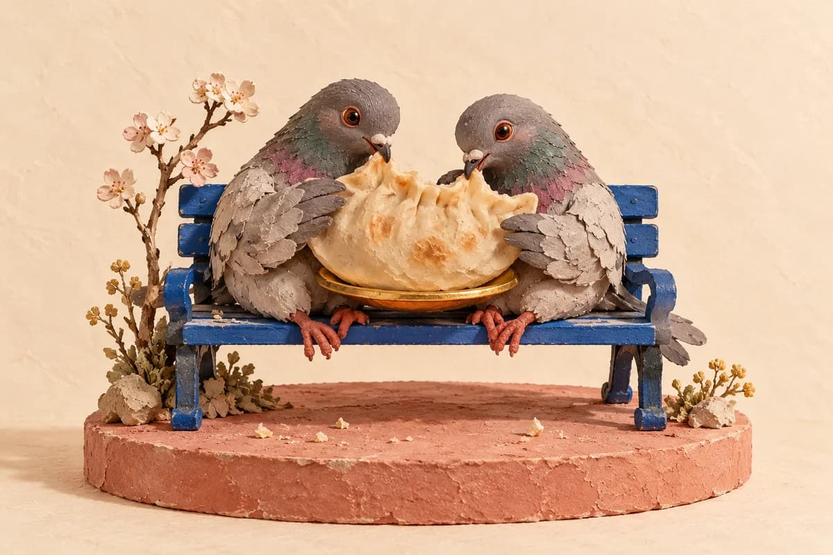 Two handmade pigeons sharing an enormous dumpling on a blue park bench.