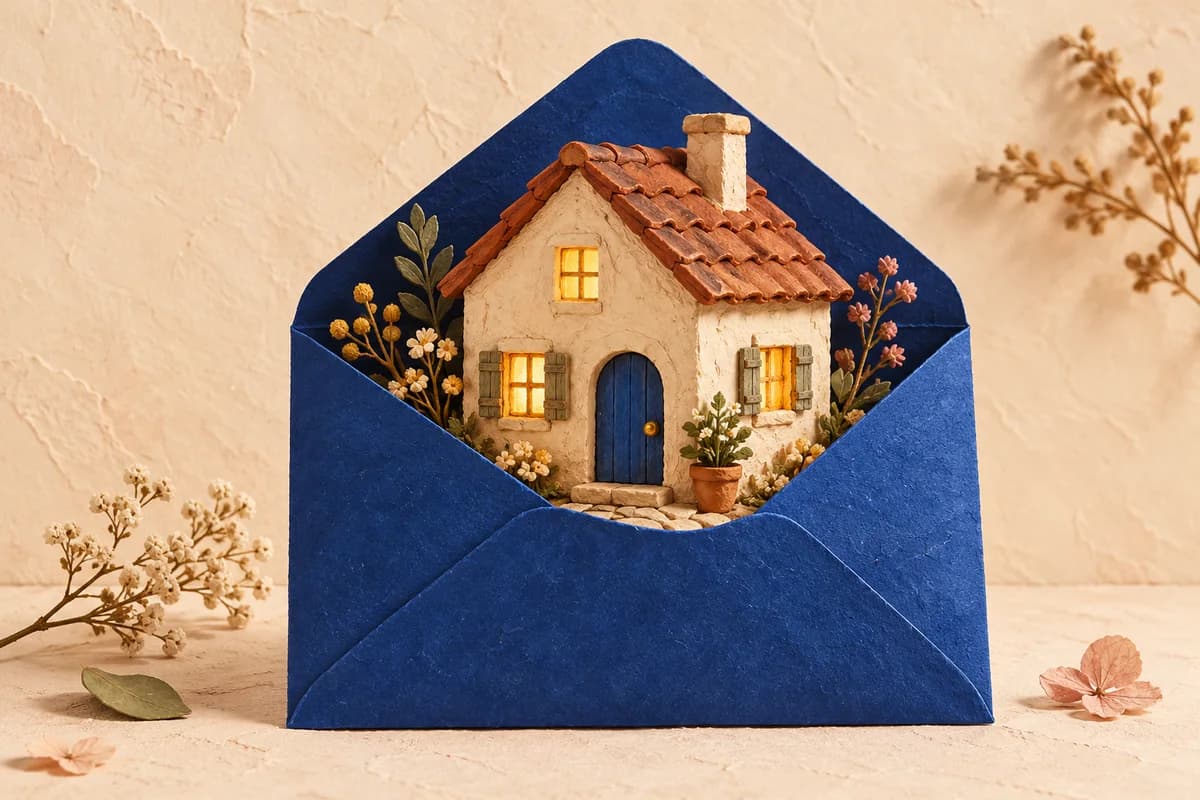 A miniature cream house with warm glowing windows tucked inside a blue envelope.