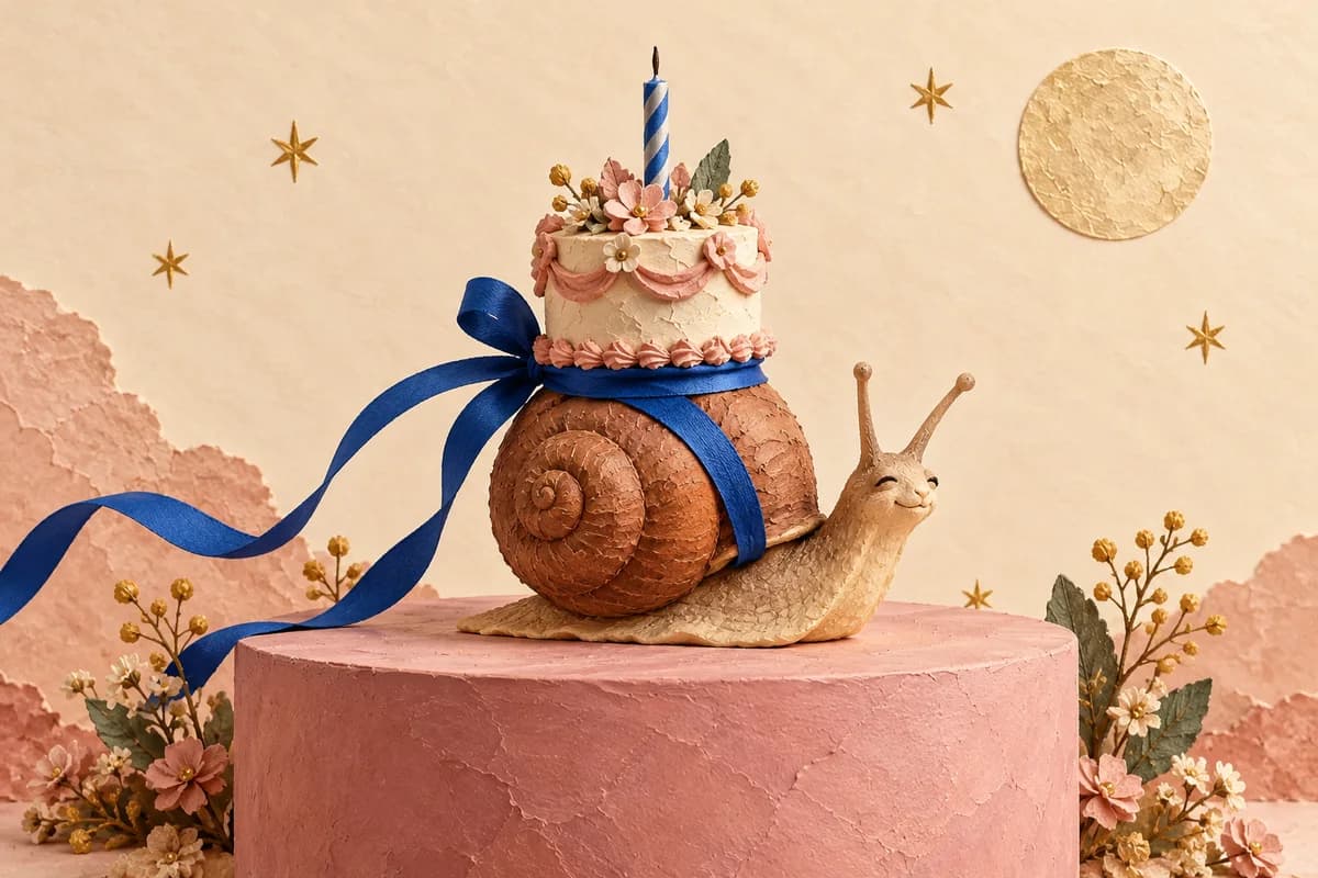 A clay snail carrying a birthday cake with one unlit candle and a blue ribbon.