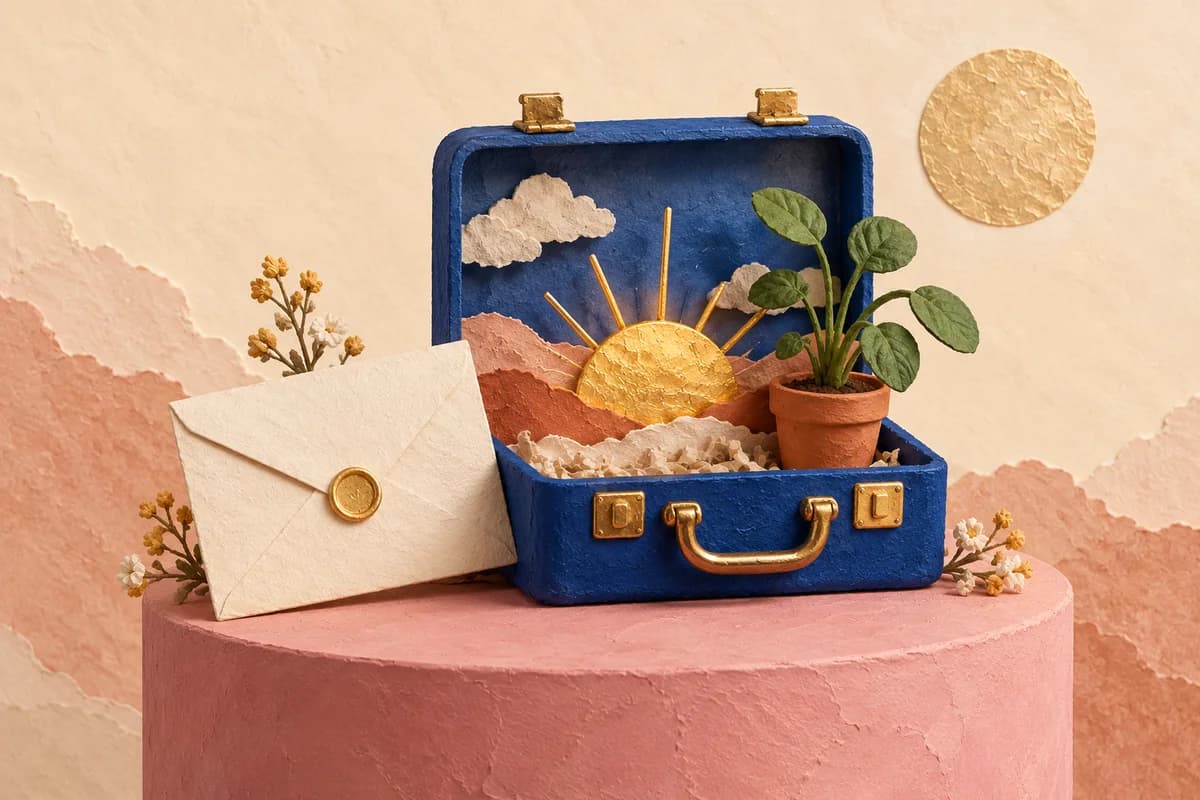 An open blue briefcase holding a golden sunrise and a small plant beside a cream envelope.