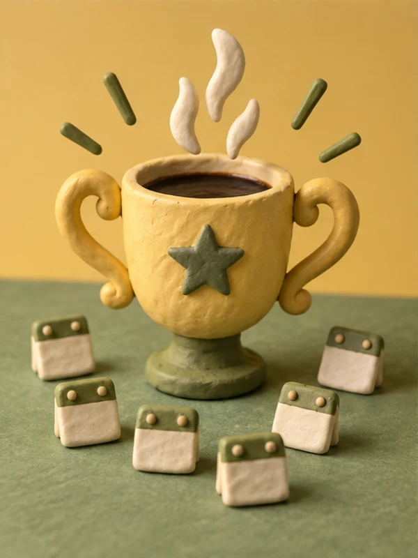 Clay miniature art-direction example of a coffee mug shaped like a trophy, surrounded by tiny calendars