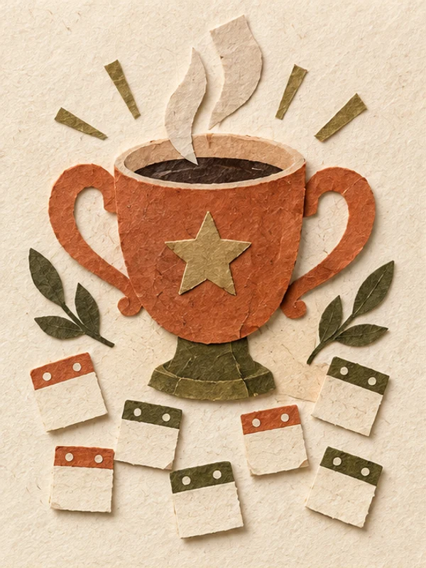 Paper collage art-direction example of a coffee mug shaped like a trophy, surrounded by tiny calendars
