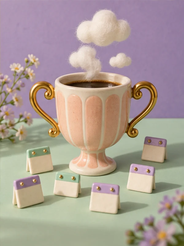An absurd little scene art-direction example of a coffee mug shaped like a trophy, surrounded by tiny calendars